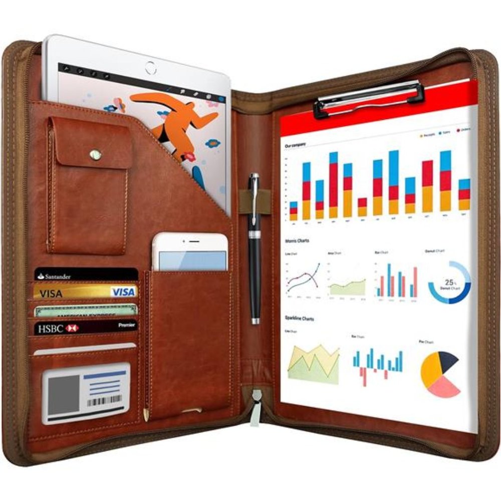 Zippered Padfolio Organizer, Leather Planner Binder, 10.2 Inch Portfolio Folder